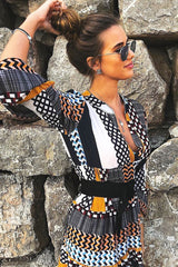 Mustard And Blue Plunge Aztec Flute Sleeve Shift Dress - Olesya-Dresses