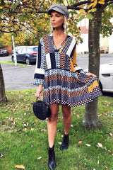 Mustard And Blue Plunge Aztec Flute Sleeve Shift Dress - Olesya-Dresses