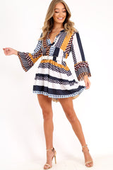 Mustard And Blue Plunge Aztec Flute Sleeve Shift Dress - Olesya-Dresses