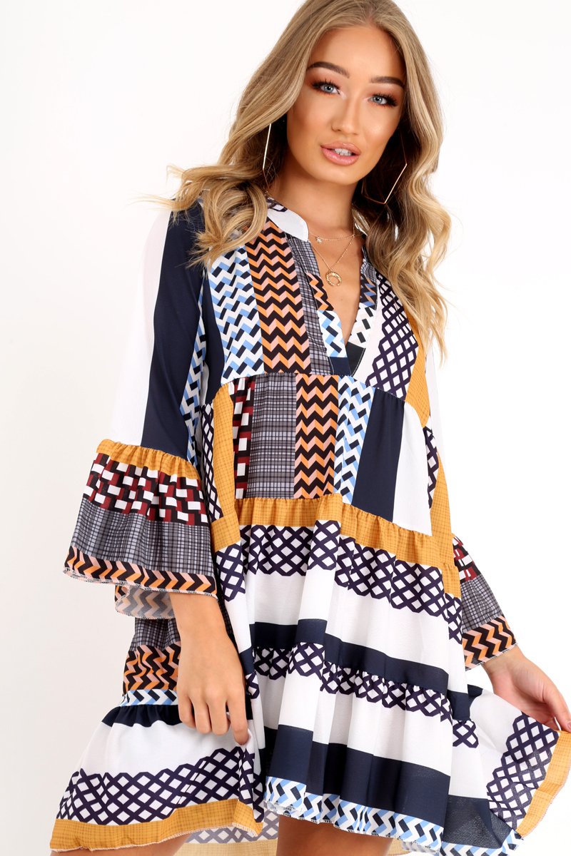 Mustard And Blue Plunge Aztec Flute Sleeve Shift Dress - Olesya-Dresses