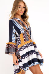Mustard And Blue Plunge Aztec Flute Sleeve Shift Dress - Olesya-Dresses