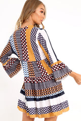 Mustard And Blue Plunge Aztec Flute Sleeve Shift Dress - Olesya-Dresses