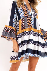Mustard And Blue Plunge Aztec Flute Sleeve Shift Dress - Olesya-Dresses