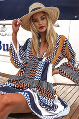 Mustard And Blue Plunge Aztec Flute Sleeve Shift Dress - Olesya-Dresses