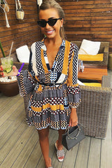 Mustard And Blue Plunge Aztec Flute Sleeve Shift Dress - Olesya-Dresses