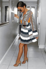 Mustard And Blue Plunge Aztec Flute Sleeve Shift Dress - Olesya-Dresses