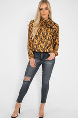 Mustard Aztec Print Satin Long Sleeve Bow Shirt - Abrah-Shirts