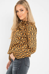 Mustard Aztec Print Satin Long Sleeve Bow Shirt - Abrah-Shirts