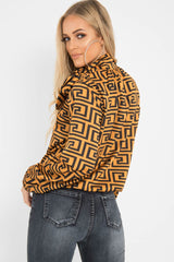 Mustard Aztec Print Satin Long Sleeve Bow Shirt - Abrah-Shirts