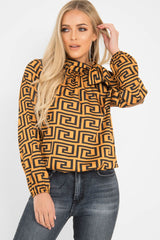Mustard Aztec Print Satin Long Sleeve Bow Shirt - Abrah-Shirts