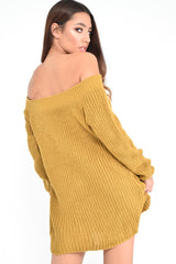 Mustard Bardot Button Front Chunky Knit Jumper Dress - Syanna-Dresses