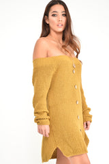 Mustard Bardot Button Front Chunky Knit Jumper Dress - Syanna-Dresses