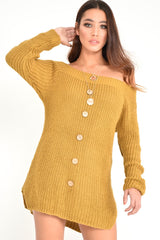 Mustard Bardot Button Front Chunky Knit Jumper Dress - Syanna-Dresses