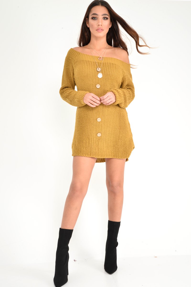 Mustard Bardot Button Front Chunky Knit Jumper Dress - Syanna-Dresses