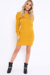 Mustard Bardot Chunky Knit Jumper Dress - Kaidyn-Dresses
