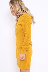 Mustard Bardot Chunky Knit Jumper Dress - Kaidyn-Dresses