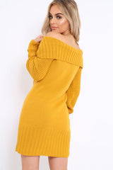 Mustard Bardot Chunky Knit Jumper Dress - Kaidyn-Dresses