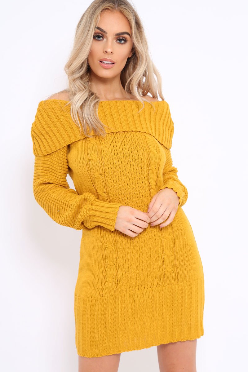 Mustard Bardot Chunky Knit Jumper Dress - Kaidyn-Dresses