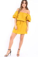 Mustard Bardot Dress with Ruffled Sleeves - Breena-Dresses