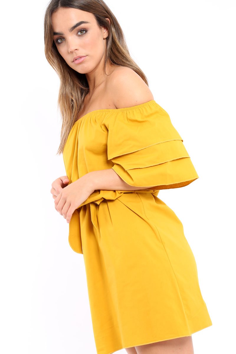 Mustard Bardot Dress with Ruffled Sleeves - Breena-Dresses