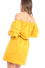 Mustard Bardot Dress with Ruffled Sleeves - Breena-Dresses