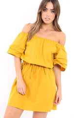 Mustard Bardot Dress with Ruffled Sleeves - Breena-Dresses