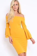 Mustard Bardot Flared Sleeve Dress - Ebony-Dresses