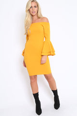 Mustard Bardot Flared Sleeve Dress - Ebony-Dresses