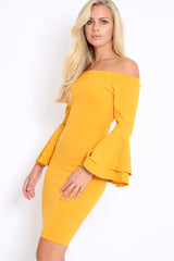 Mustard Bardot Flared Sleeve Dress - Ebony-Dresses