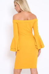 Mustard Bardot Flared Sleeve Dress - Ebony-Dresses