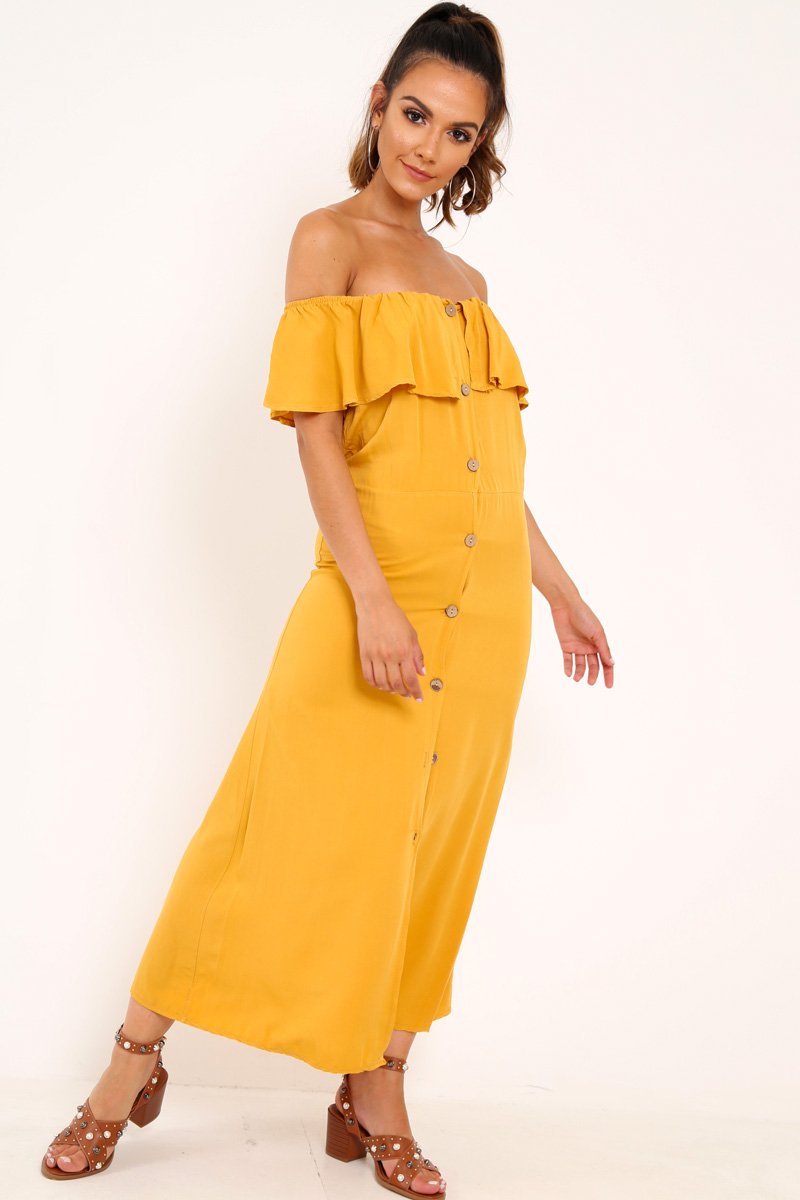 Mustard Bardot Frill Button Front Midi Dress - Clancy-Dresses