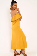 Mustard Bardot Frill Button Front Midi Dress - Clancy-Dresses