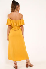 Mustard Bardot Frill Button Front Midi Dress - Clancy-Dresses