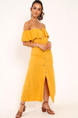 Mustard Bardot Frill Button Front Midi Dress - Clancy-Dresses
