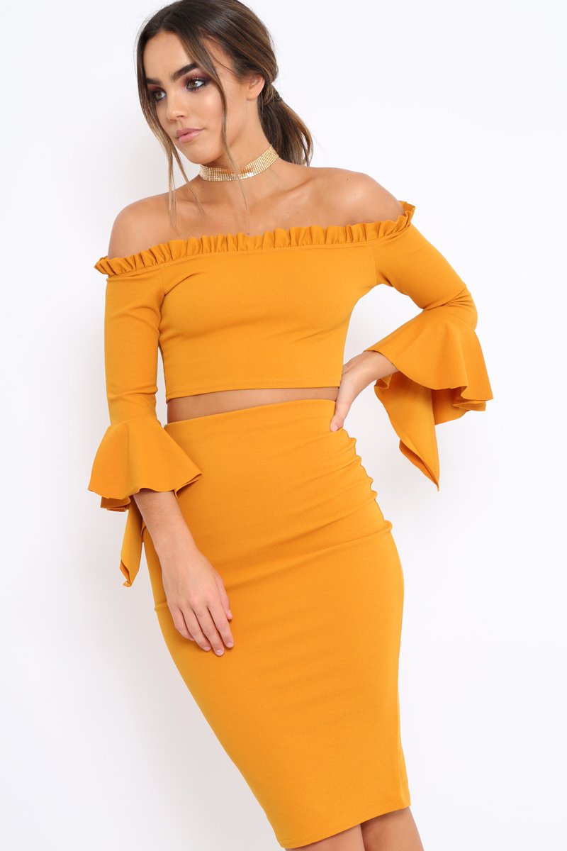 Mustard Bardot Frill Crop Top with Flared Sleeves - Tiffy-Tops