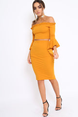 Mustard Bardot Frill Crop Top with Flared Sleeves - Tiffy-Tops