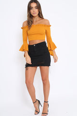 Mustard Bardot Frill Crop Top with Flared Sleeves - Tiffy-Tops