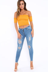 Mustard Bardot Frill Shirred Crop Top - Kailah-Crop Tops