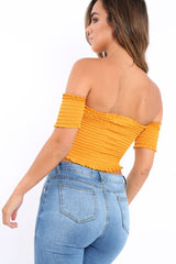 Mustard Bardot Frill Shirred Crop Top - Kailah-Crop Tops