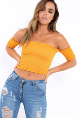 Mustard Bardot Frill Shirred Crop Top - Kailah-Crop Tops