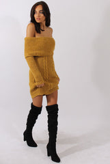 Mustard Bardot Heavy Knit Jumper Dress - Suzy-Jumper