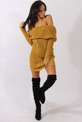Mustard Bardot Heavy Knit Jumper Dress - Suzy-Jumper