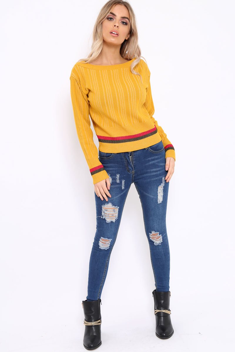 Mustard Bardot Jumper with Stripe Detail - Falon-Jumper