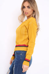 Mustard Bardot Jumper with Stripe Detail - Falon-Jumper