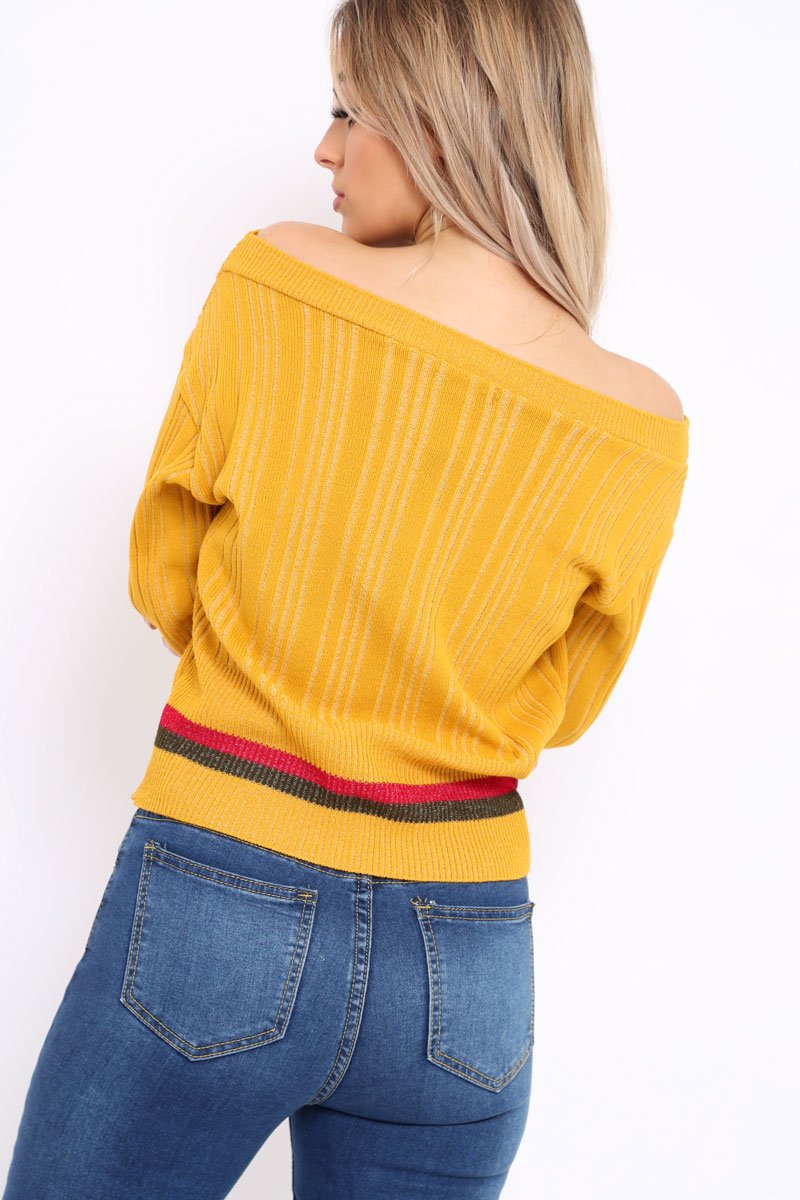 Mustard Bardot Jumper with Stripe Detail - Falon-Jumper