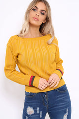 Mustard Bardot Jumper with Stripe Detail - Falon-Jumper