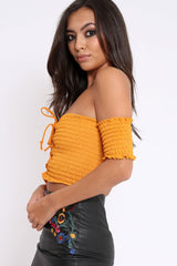 Mustard Bardot Lace Up Frill Shirred Crop Top - Linsa-Crop Tops