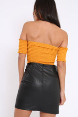 Mustard Bardot Lace Up Frill Shirred Crop Top - Linsa-Crop Tops