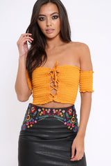 Mustard Bardot Lace Up Frill Shirred Crop Top - Linsa-Crop Tops