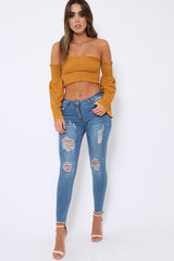 Mustard Bardot Shirred Crop Top with Flared Sleeves - Shera-Crop Tops